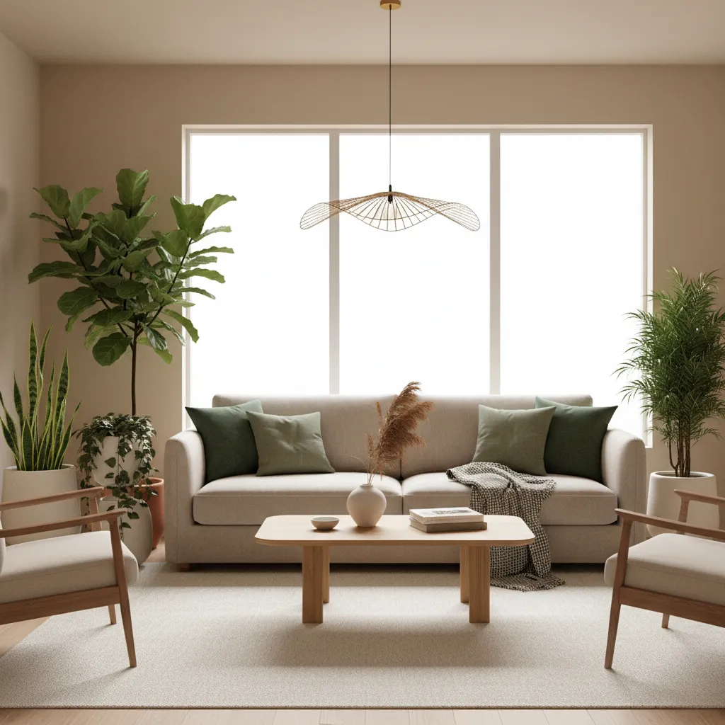 Contemporary living room using beige base tones with green accents and plants
