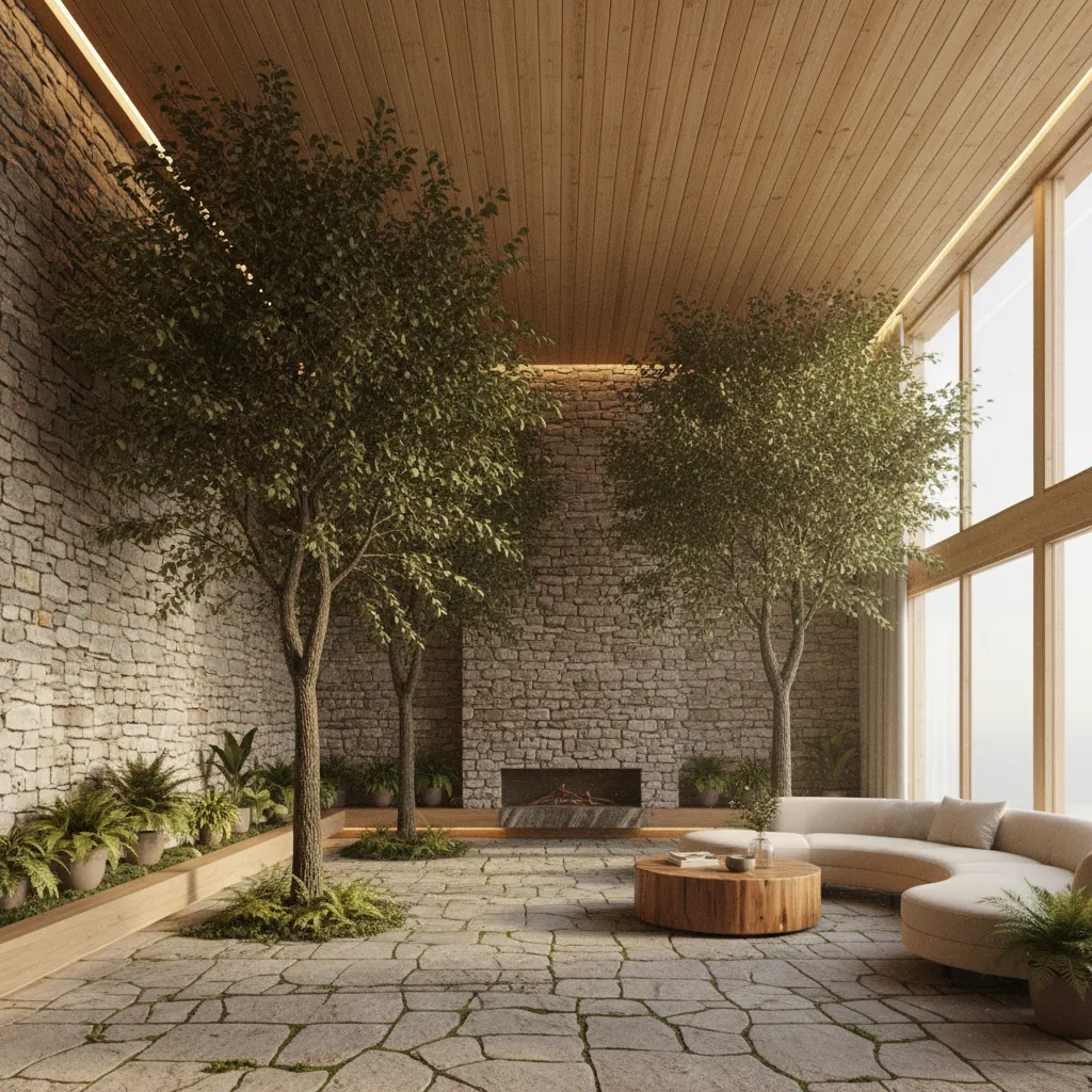 Render interior de casa con materiales naturales y vegetación