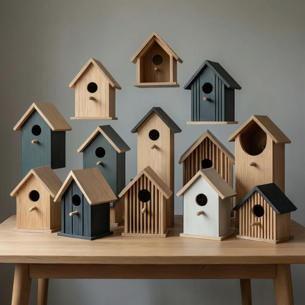 Collection of modern decorative bird house styles on display table