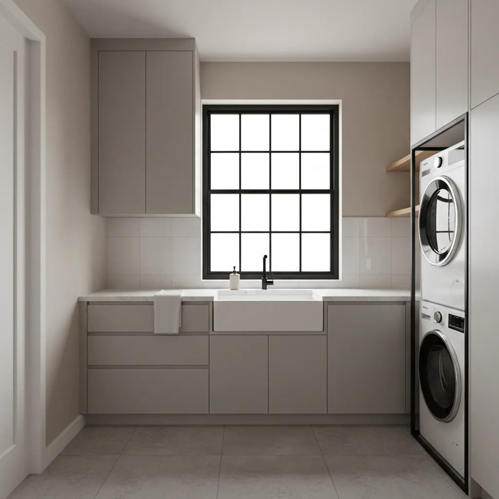 Modern laundry room with black framed window above sink