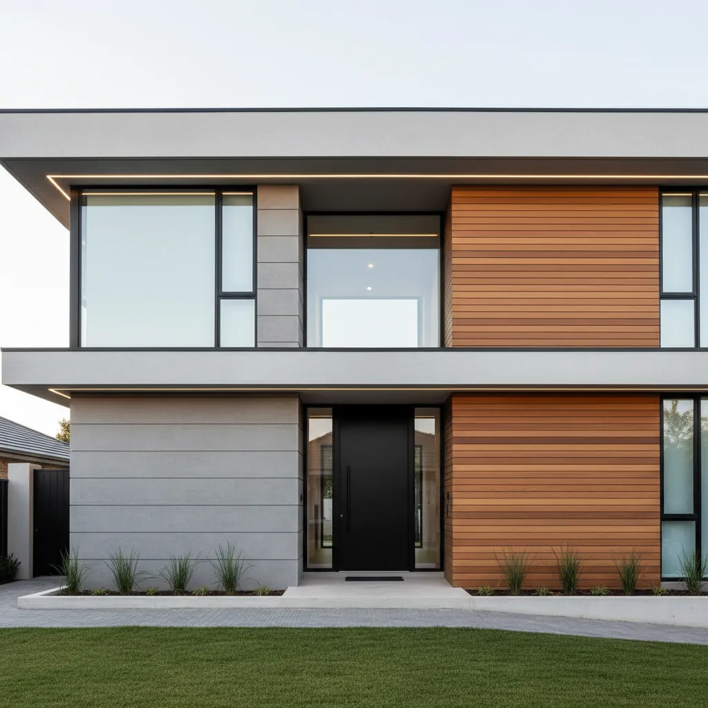 Fachada contemporánea con ventanas de marco negro