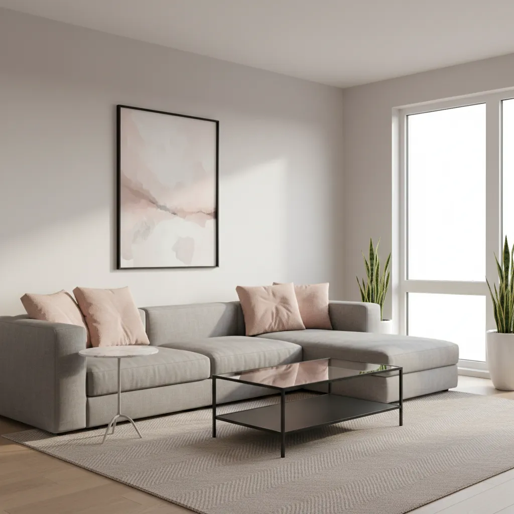 Modern living room with grey sofa, pink pillows, glass coffee table, abstract art, and plants