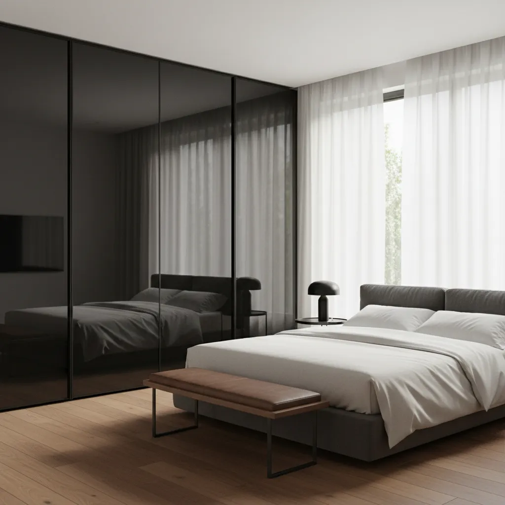 modern bedroom with black mirror sliding wardrobe doors
