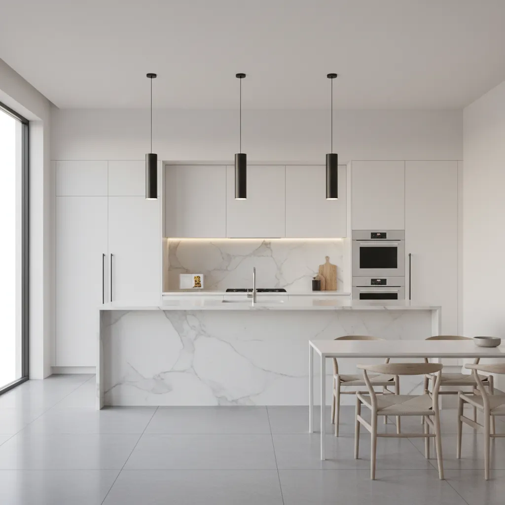 Modern kitchen island with sleek black pendant lighting and white cabinetry