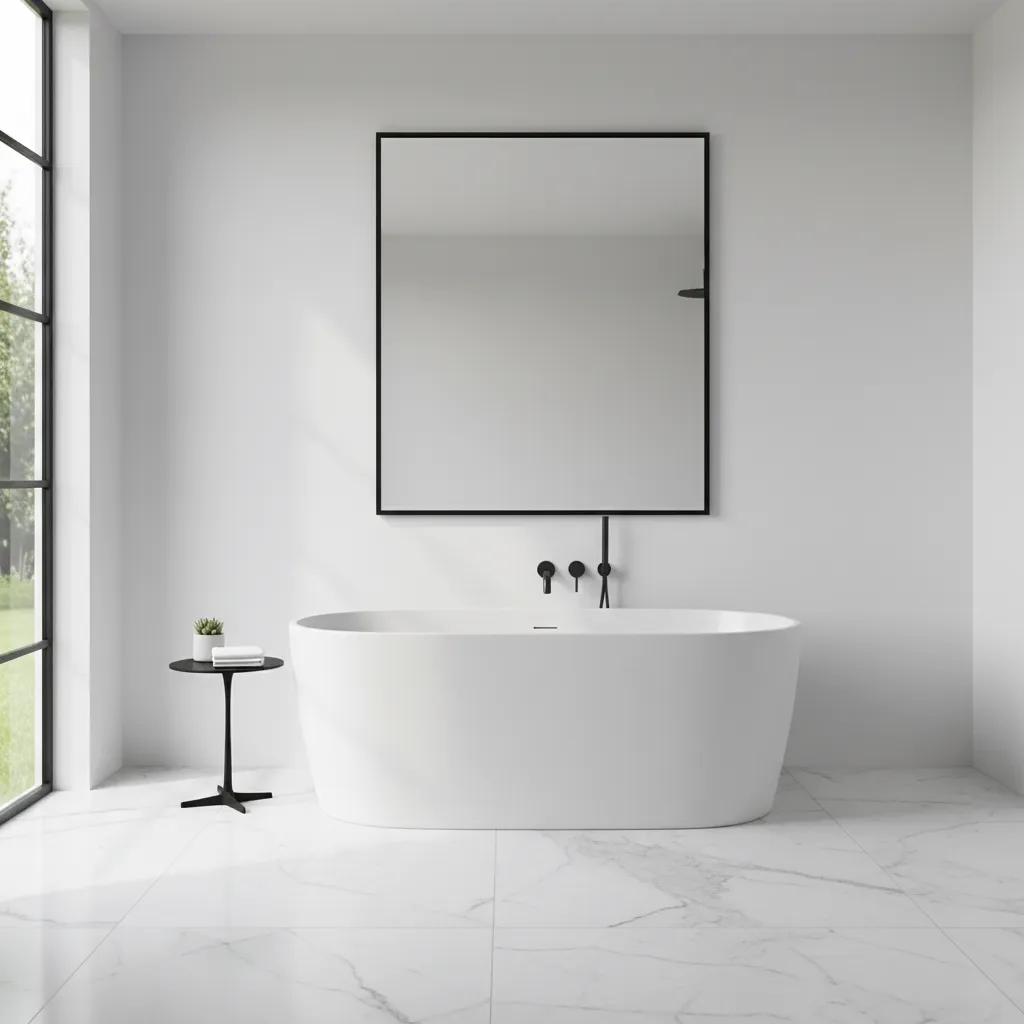 Modern black and white bathroom interior with freestanding tub and marble floor
