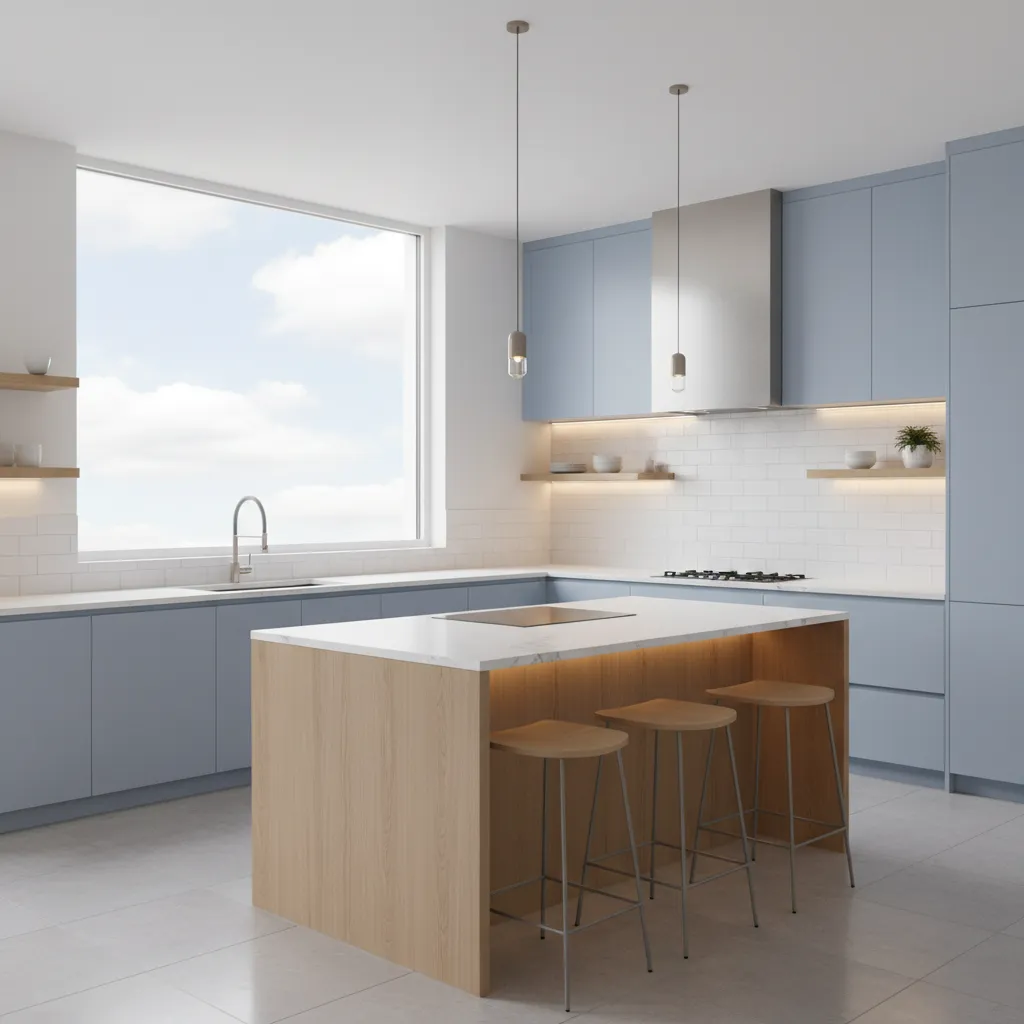 Diseño de interiores de cocinas modernas celestes