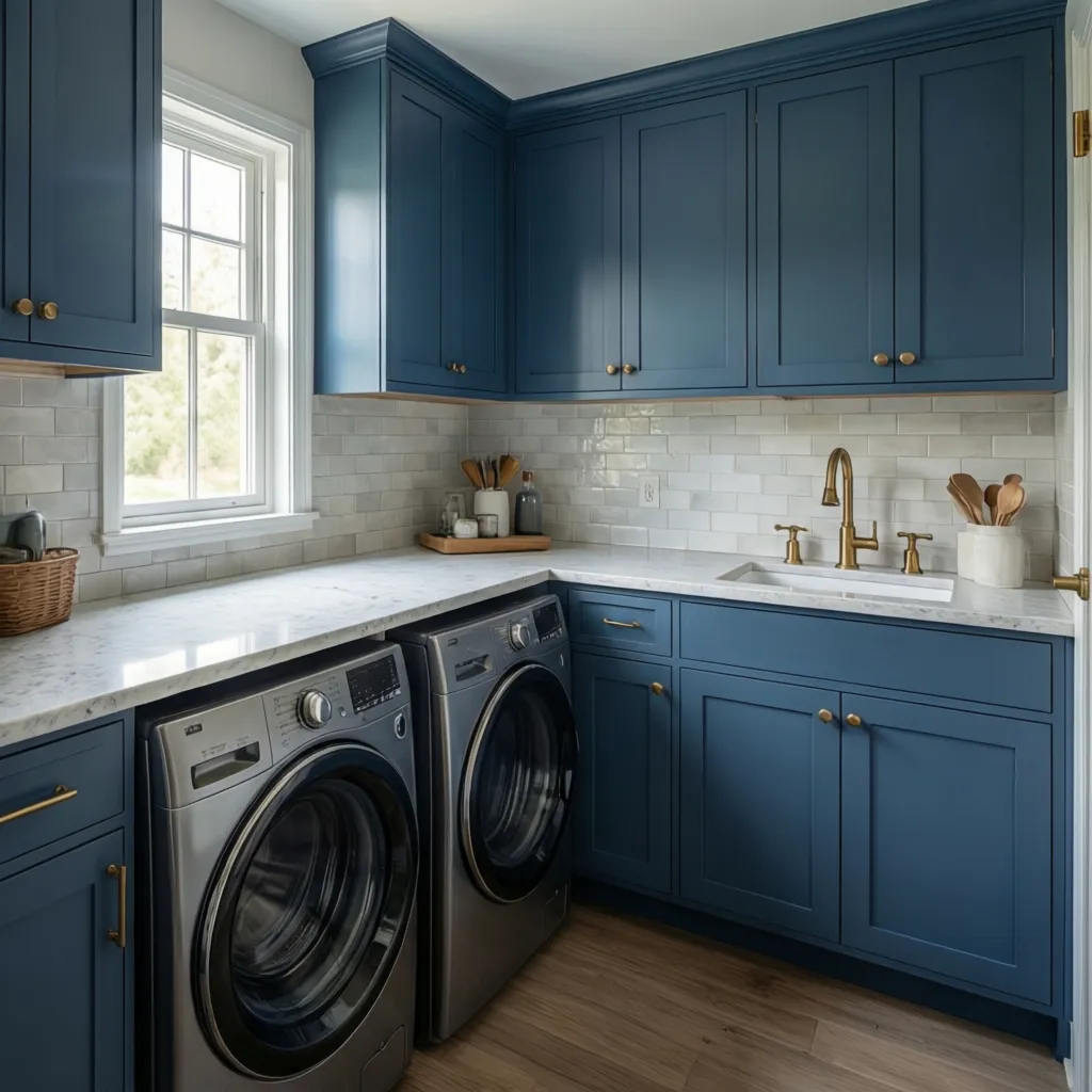 Modern laundry room with blue cabinets white countertop and front loading washer dryer