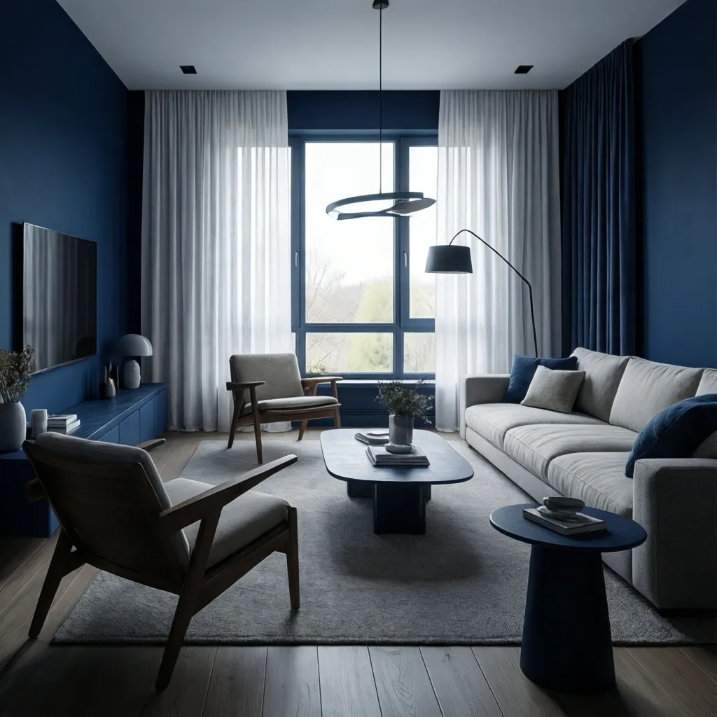 Modern blue living room with white curtains and minimal decor