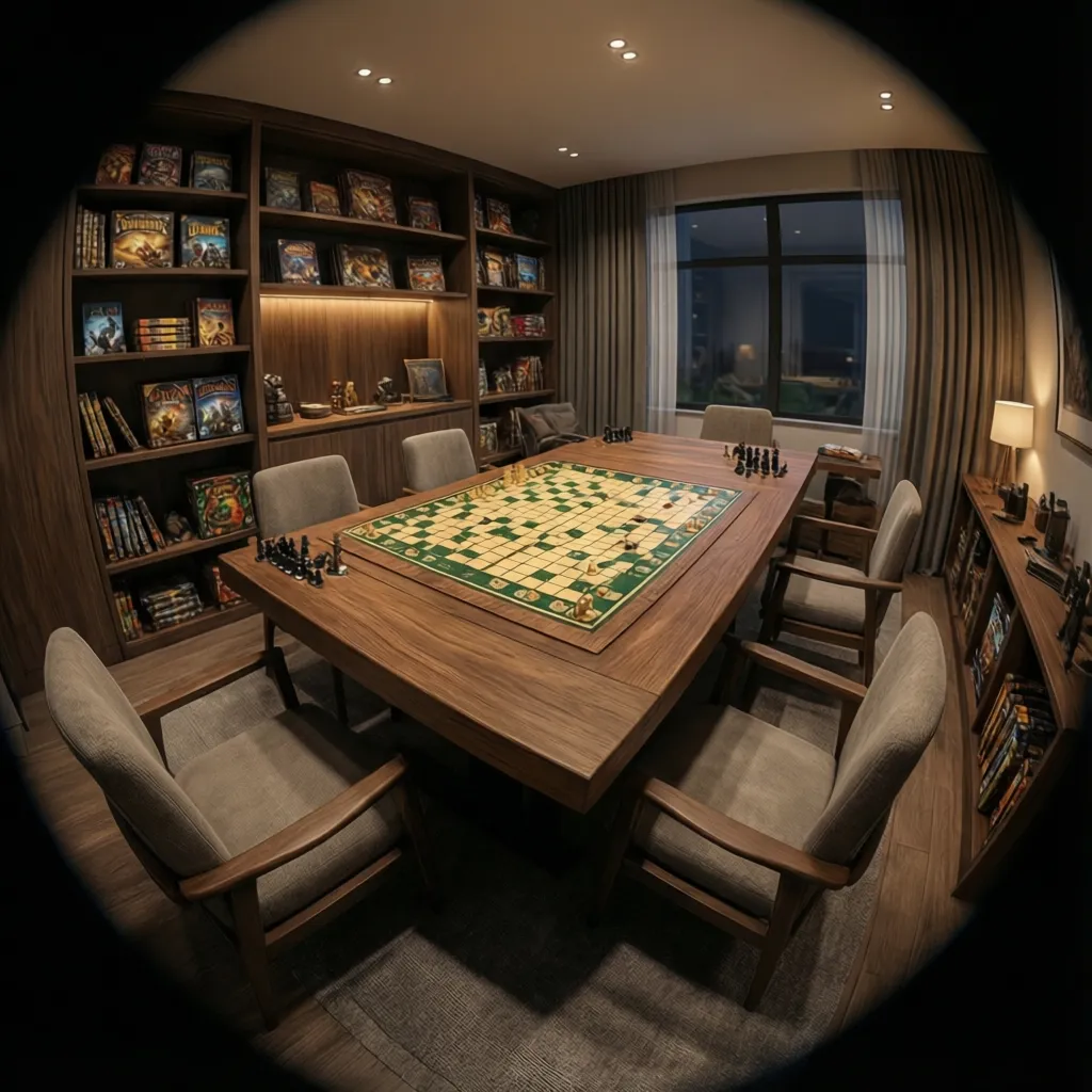 Dedicated game room with a large board game table and surrounding seating