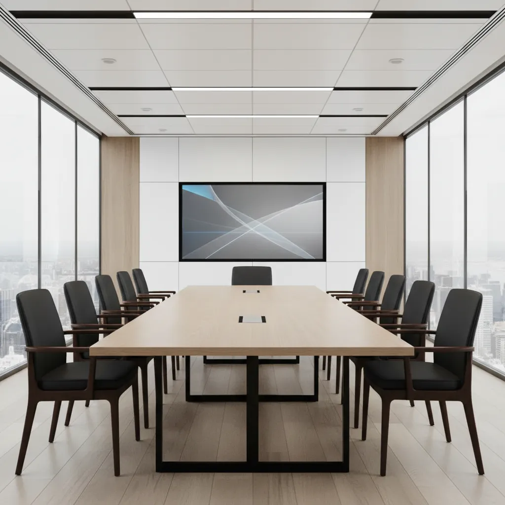 modern boardroom meeting layout with long conference table and chairs
