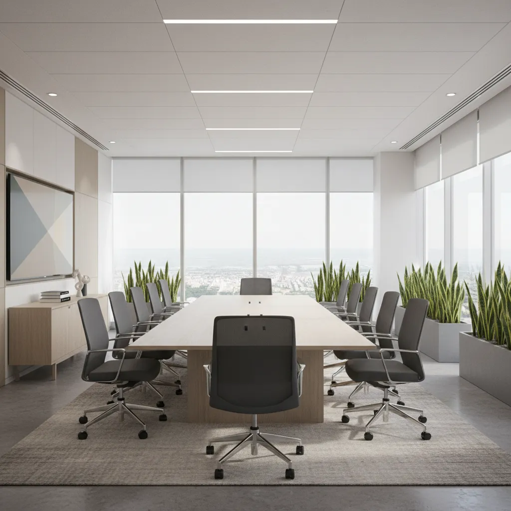 Bright meeting room with long wooden table grey chairs large windows and green indoor plants
