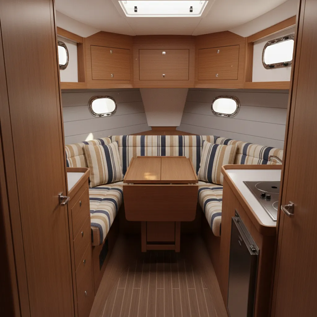 modern small yacht cabin interior with mixed materials and compact layout