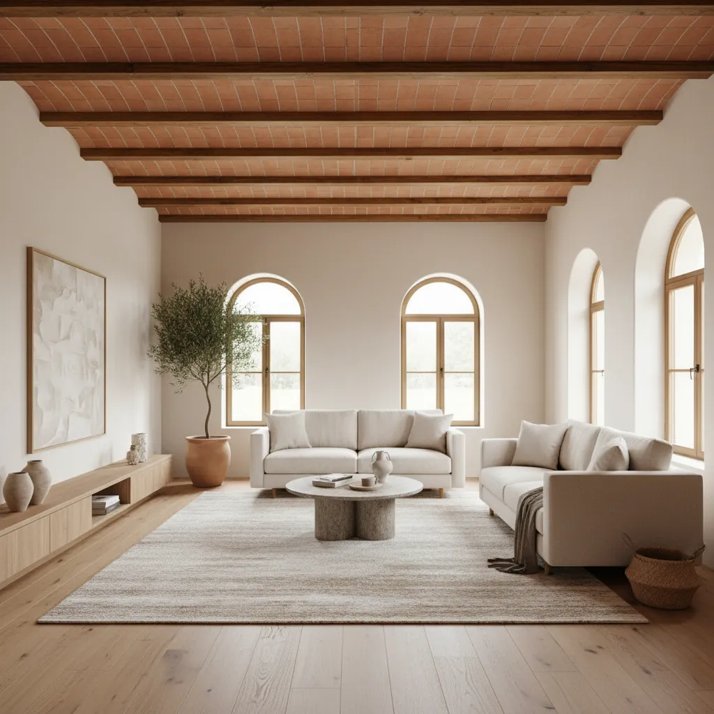 Minimalist living room featuring white sofas, vaulted brick ceiling, wood beams, arch windows, potted tree