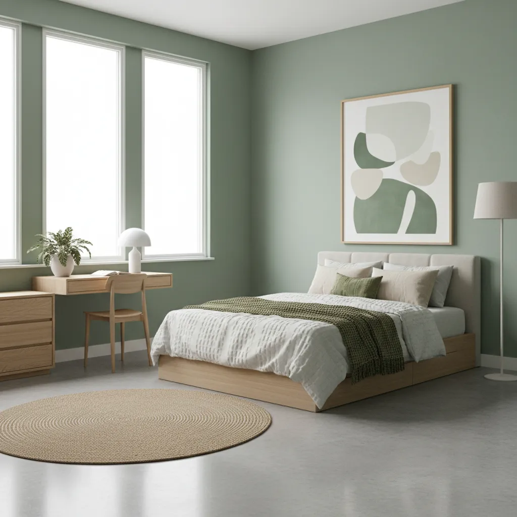 boys bedroom with sage green walls and wooden furniture