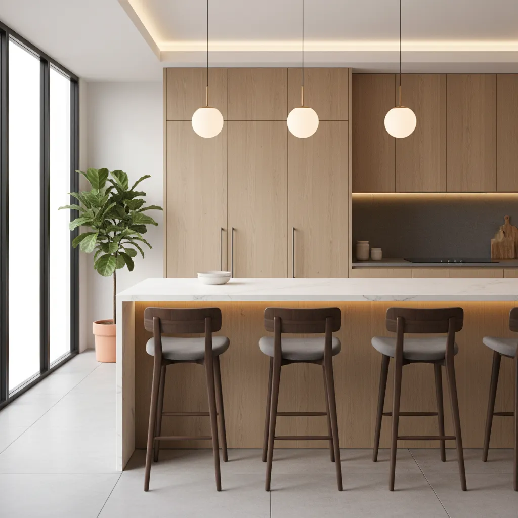 Modern breakfast bar with pendant lighting and stone countertop