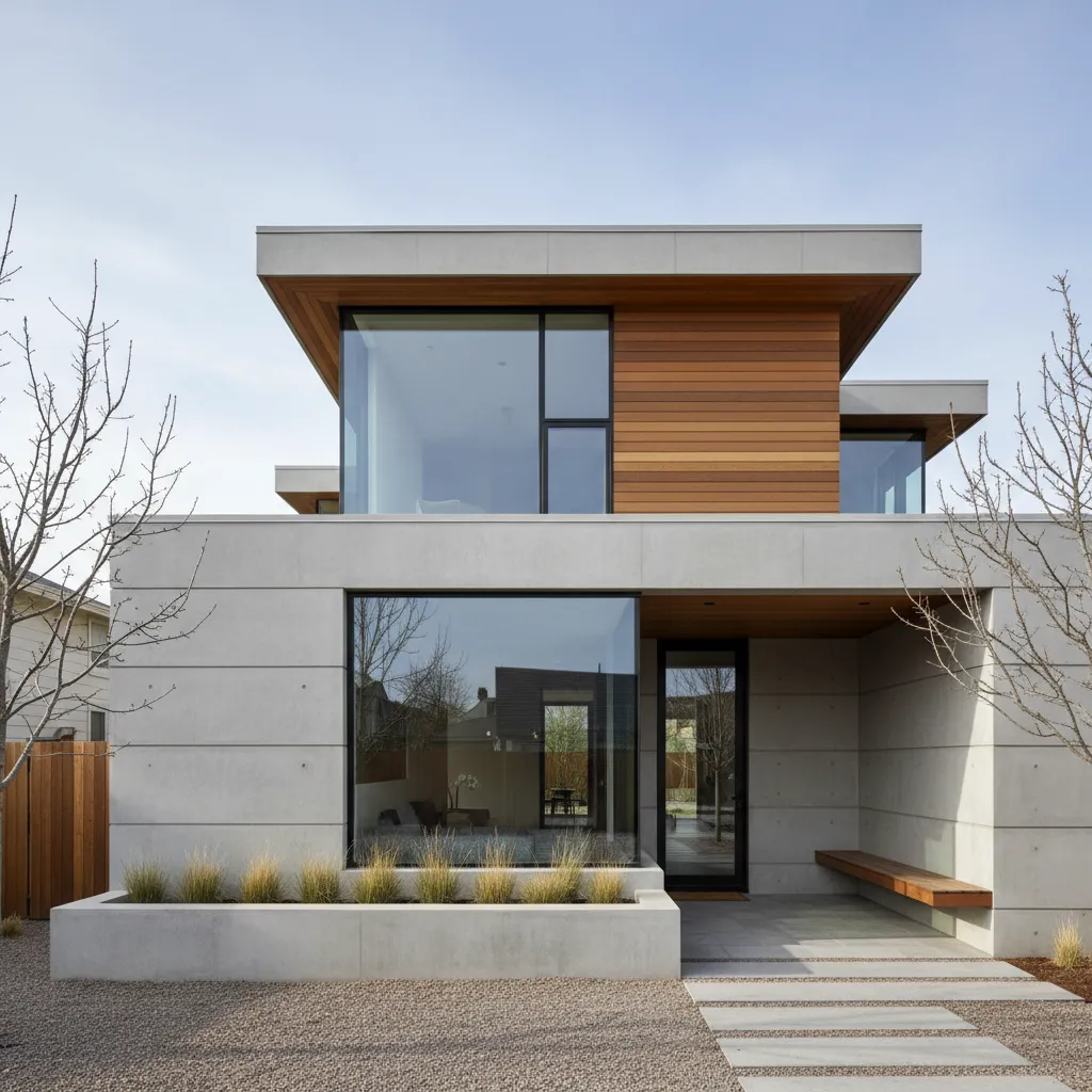 Casa moderna con materiales económicos como hormigón, madera y grandes ventanales