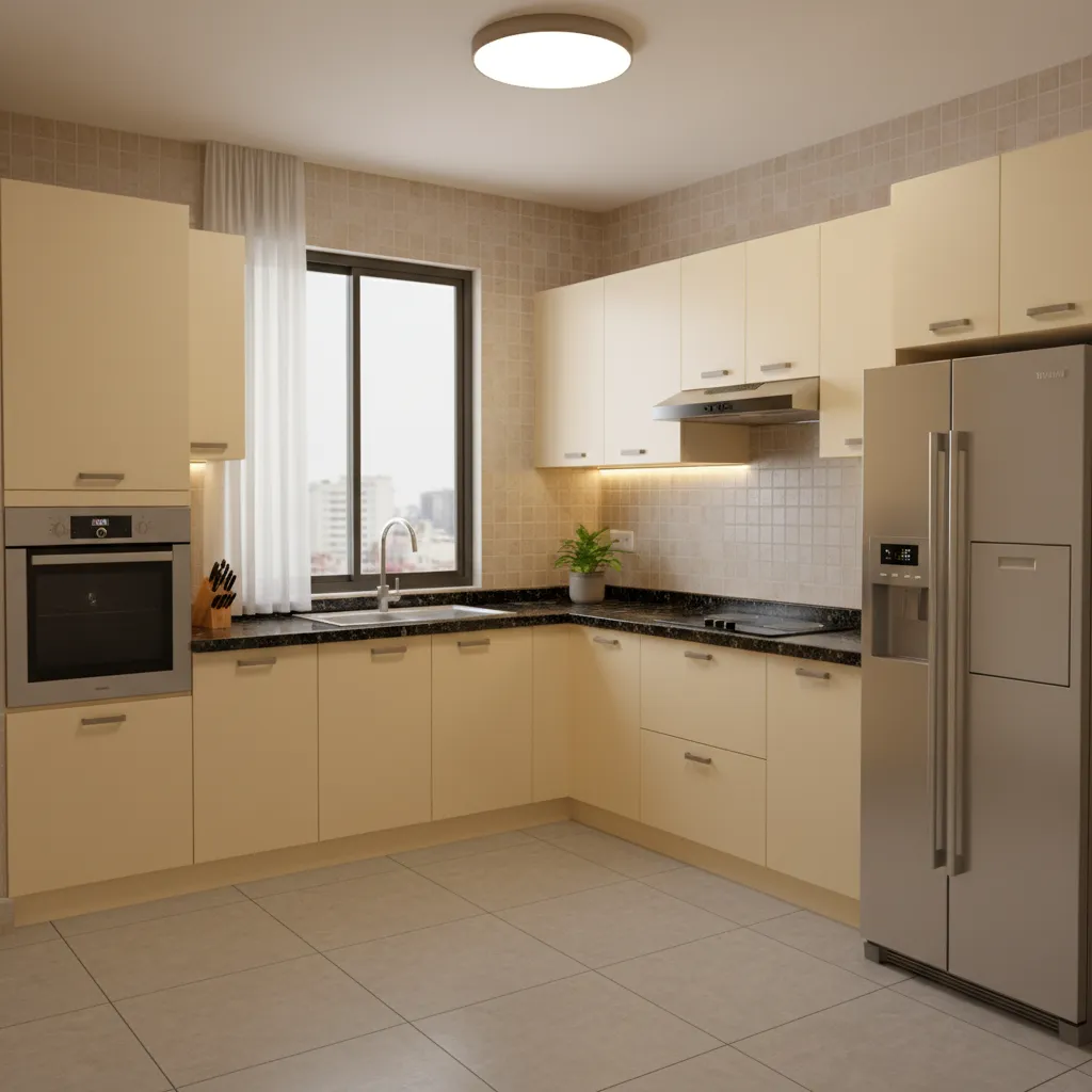 budget friendly modular kitchen with laminate cabinets and granite countertop