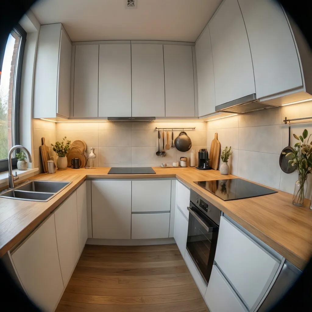 Modern low budget small kitchen design with simple cabinets and lighting