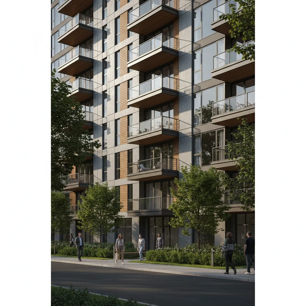 High quality exterior architectural rendering of a modern apartment building