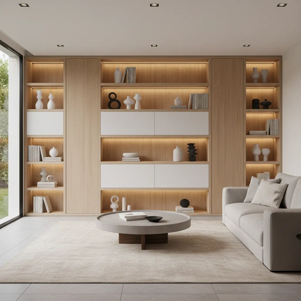 Modern living room built-in shelving feature wall with lighting