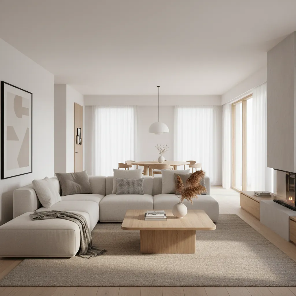 Modern bungalow living room interior with balanced furniture layout