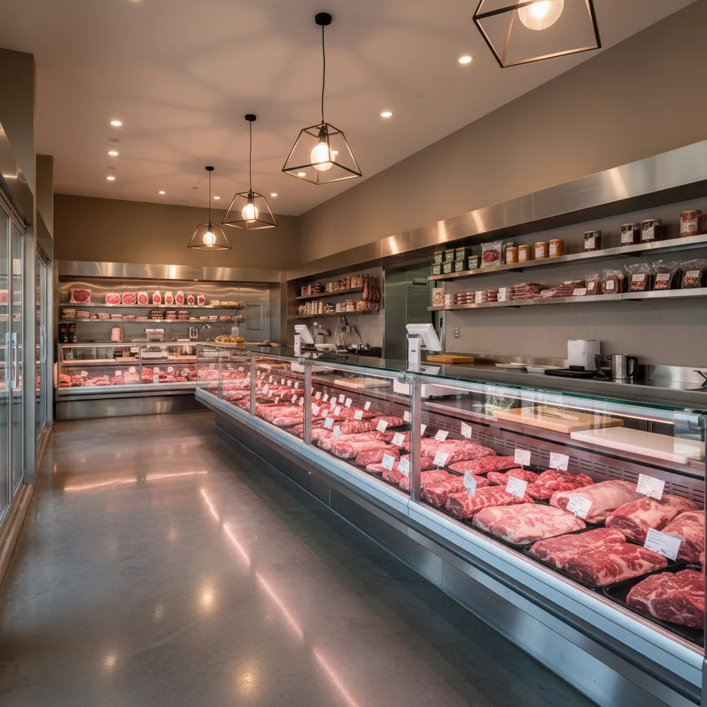 Modern butcher shop interior with glass display meat counter, hanging ceiling lights, and neat wall shelves