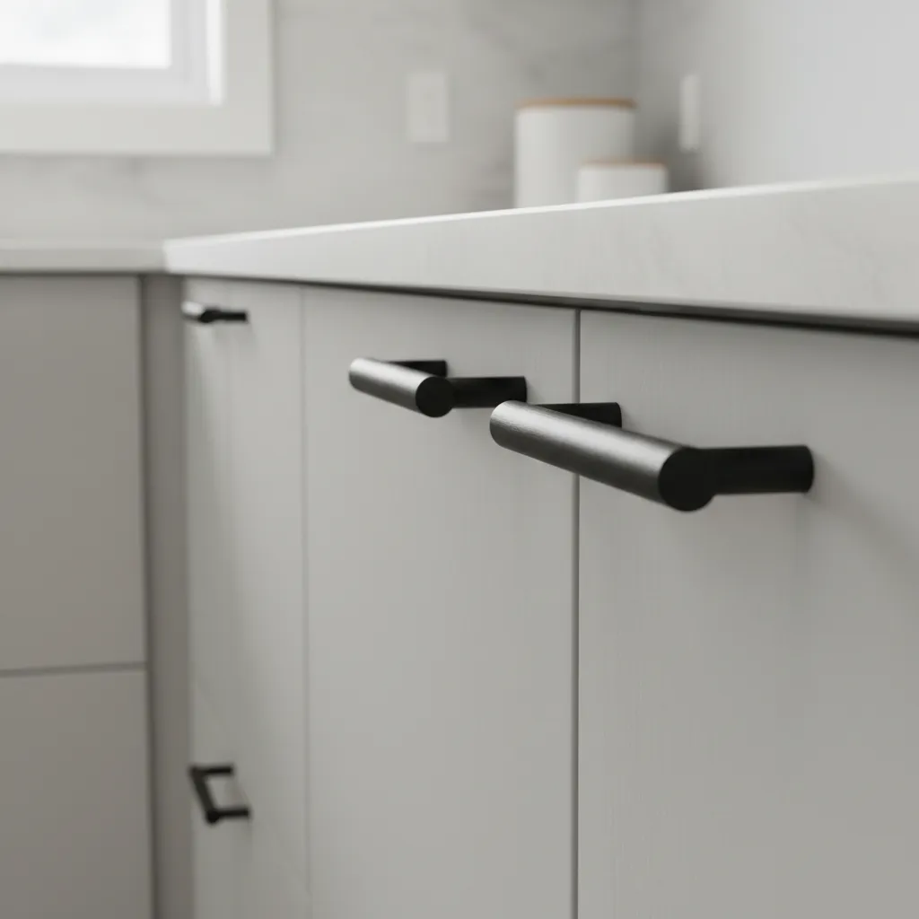 Close up of modern matte black cabinet handles in kitchen