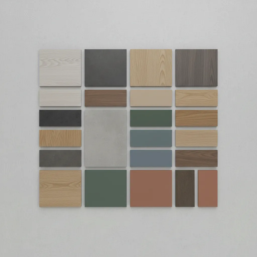 Different modern cabinet skin materials including laminate veneer and matte finishes