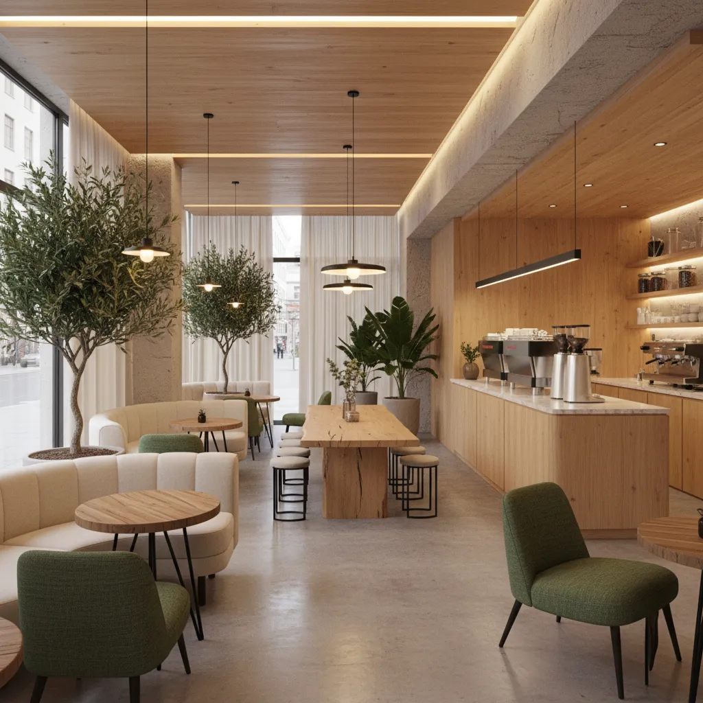 Interior de cafetería moderna con diseño acogedor y distribución clara