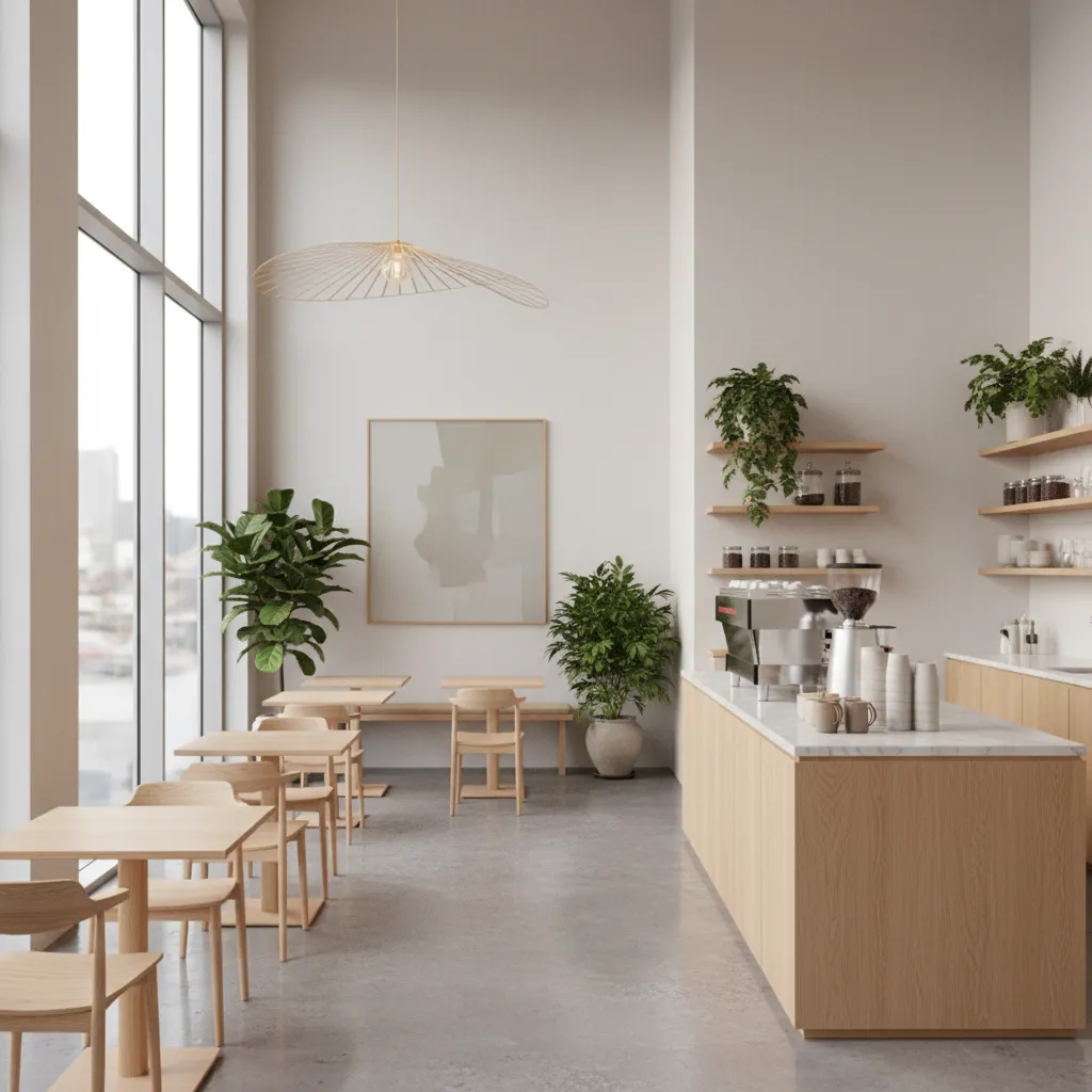 Café moderno con plantas, madera clara y diseño minimalista