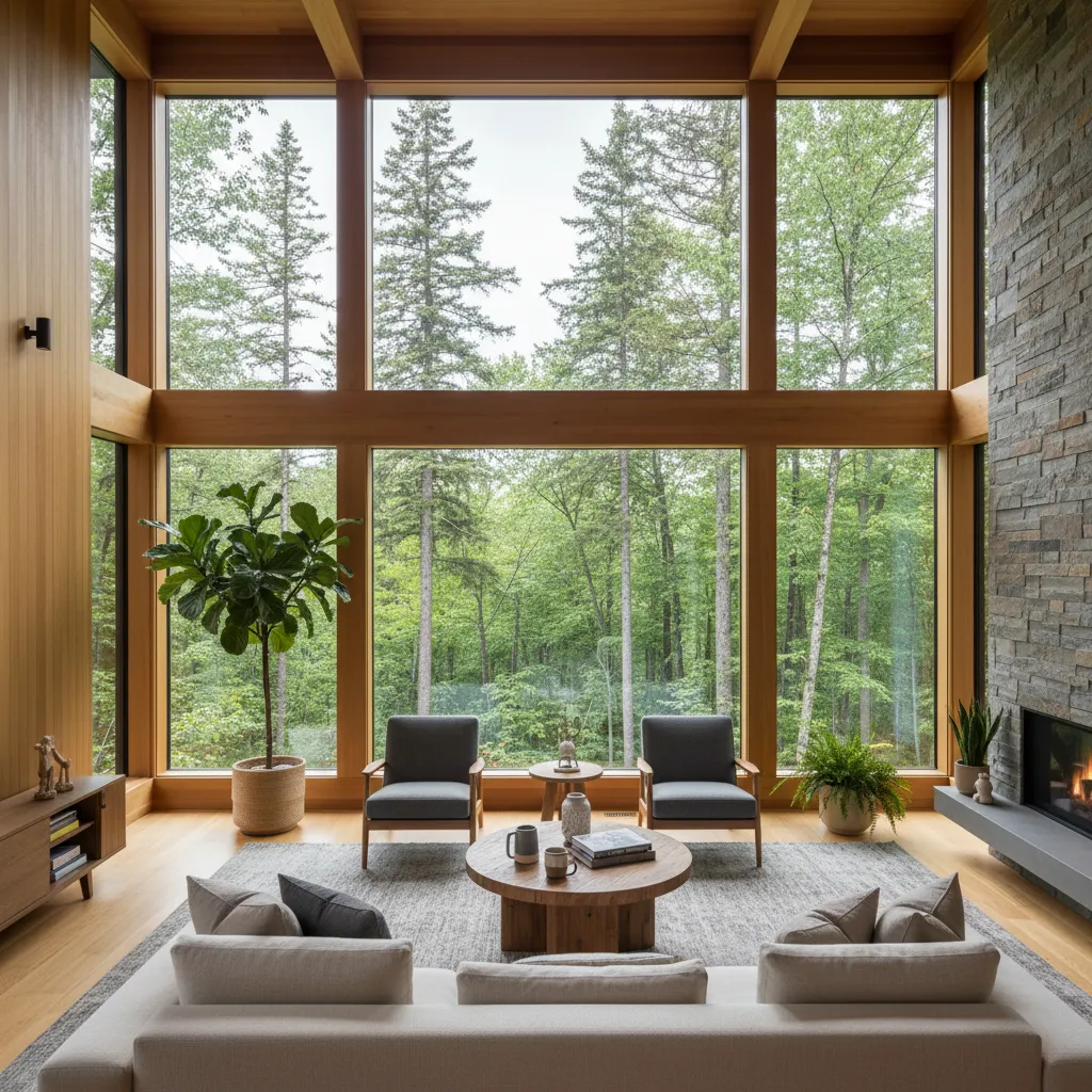 Sala moderna con grandes ventanas en casa estilo canadiense