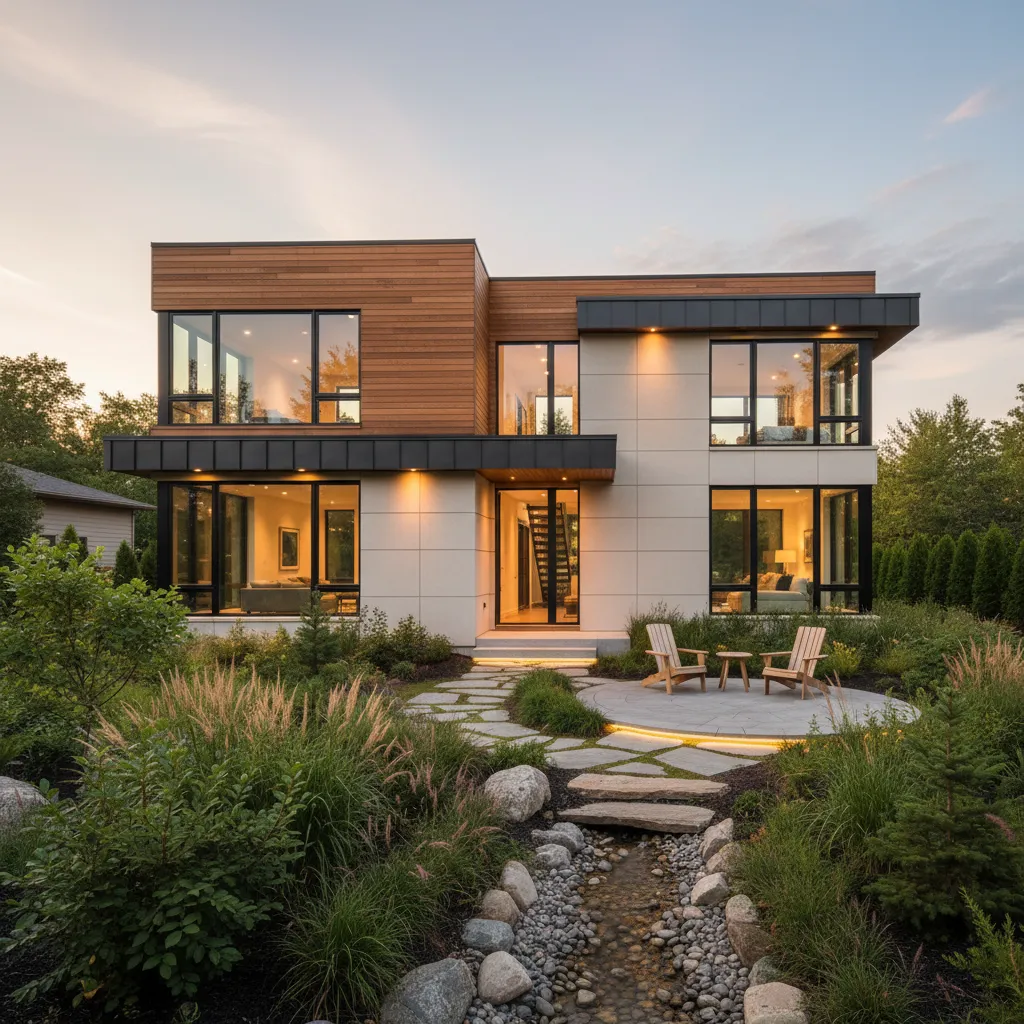Two story modern house with big glass windows outdoor chairs and garden lights during evening