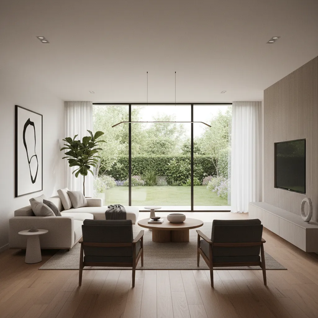 Không gian phòng khách nhà cấp 4 đẹp với cửa kính lớn và ánh sáng tự nhiên