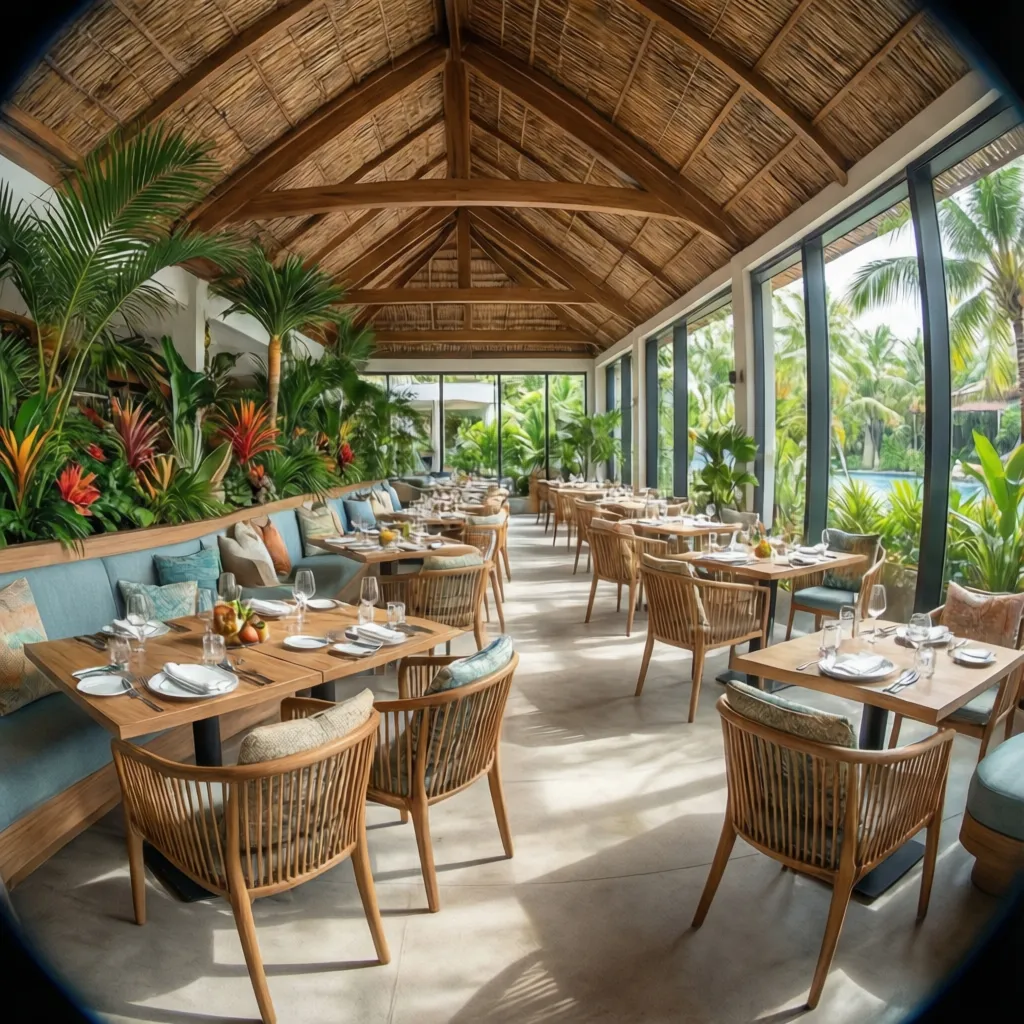 Modern Caribbean fusion restaurant interior with casual seating and tropical design
