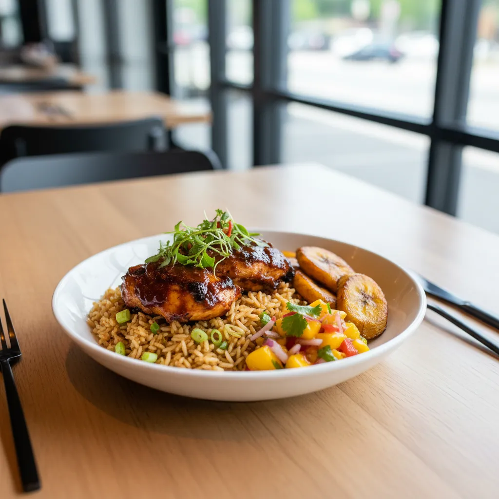 Modern Caribbean fusion bowl with jerk chicken plantains rice and tropical garnish