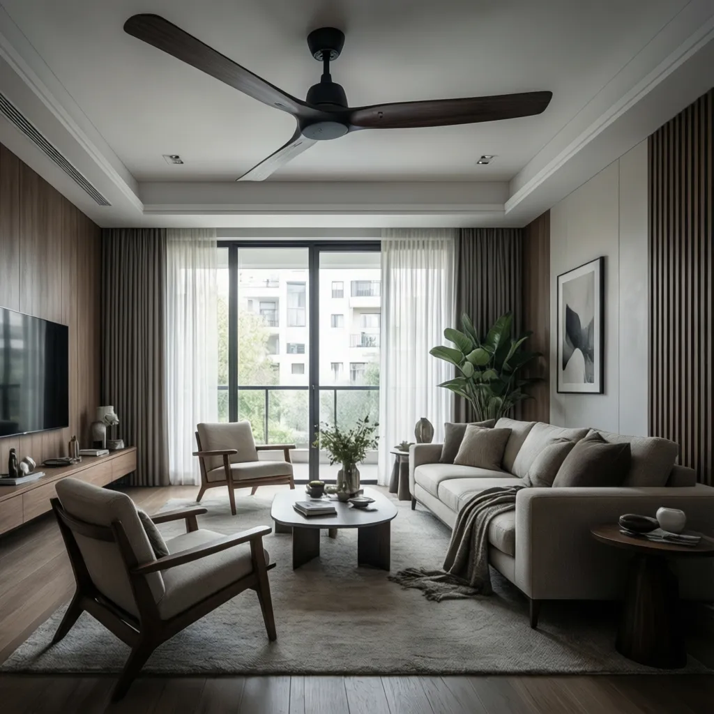 Modern ceiling fan installed in a contemporary living room