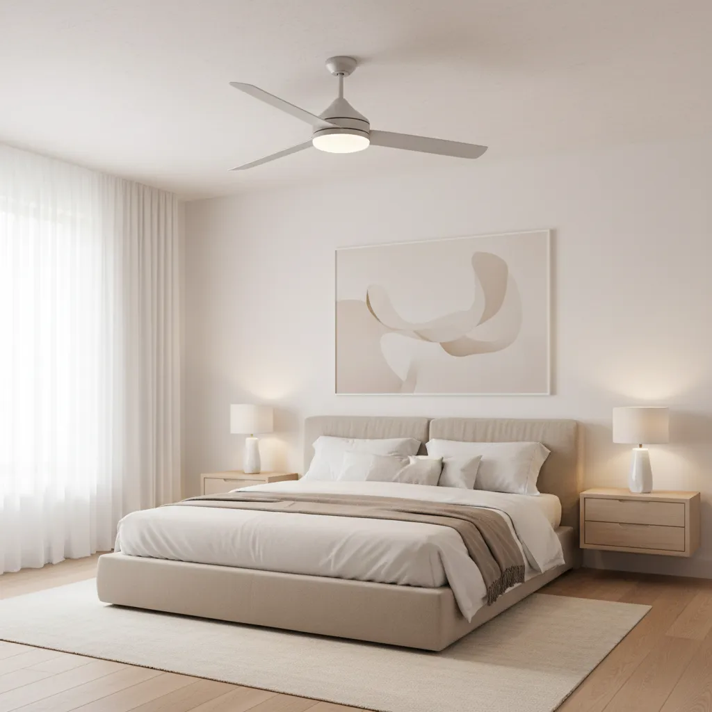 modern ceiling fan with integrated LED light in a small room