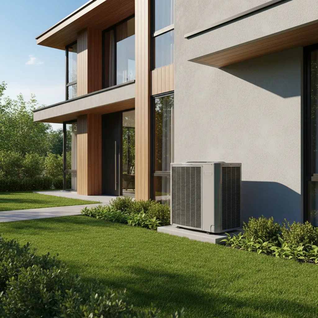 modern outdoor central air conditioning unit beside residential home