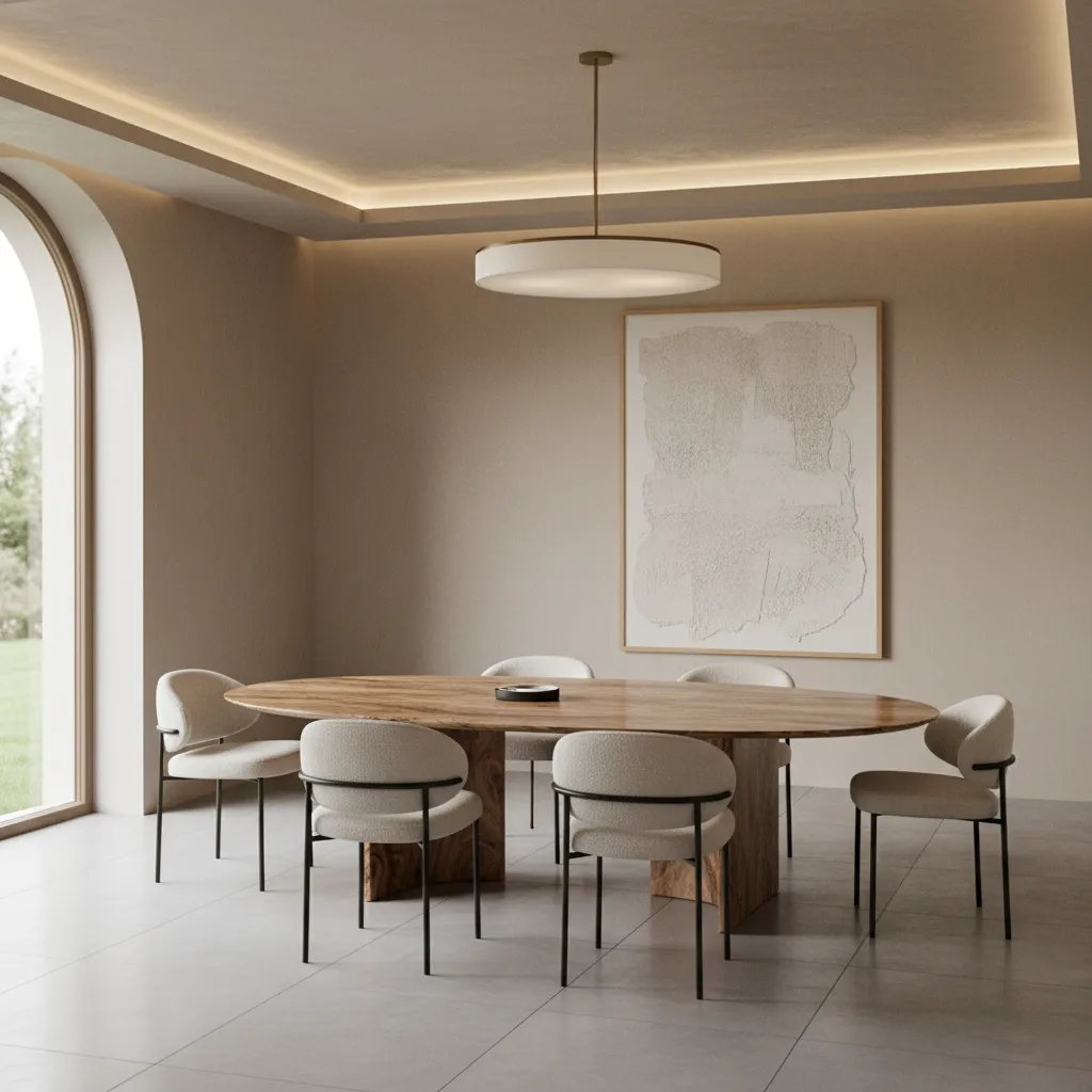 Minimal upholstered dining chairs paired with burl wood dining table