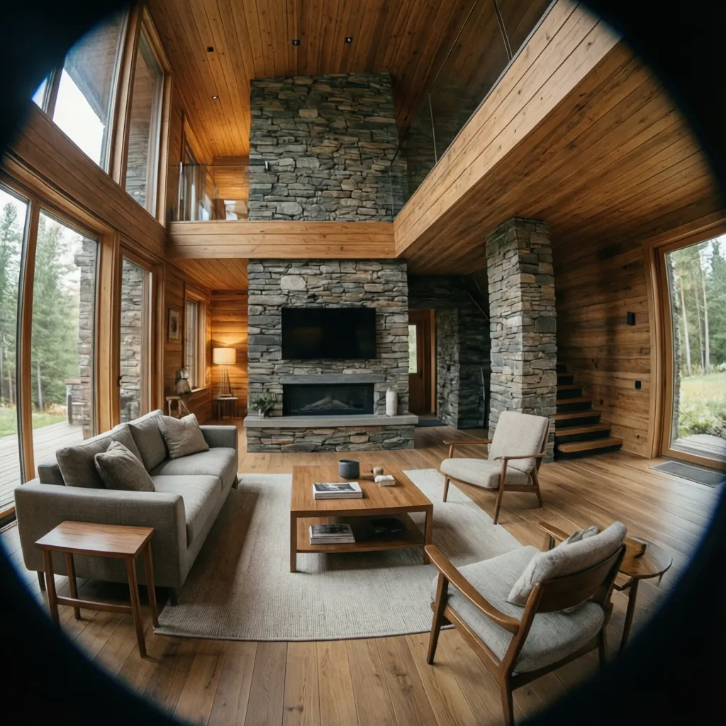 Interior moderno con madera natural y piedra en un chalet contemporáneo