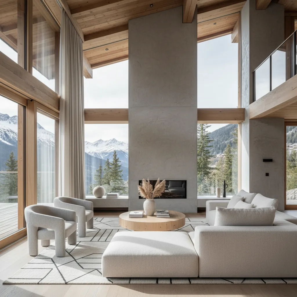 Salón de chalet moderno con grandes ventanales y mucha luz natural