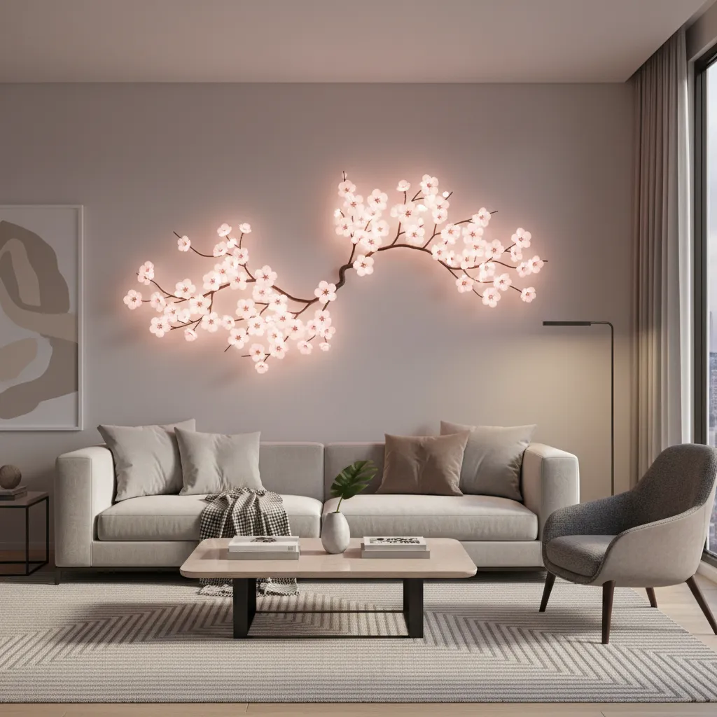 Living room with cherry blossom branch wall light above sofa