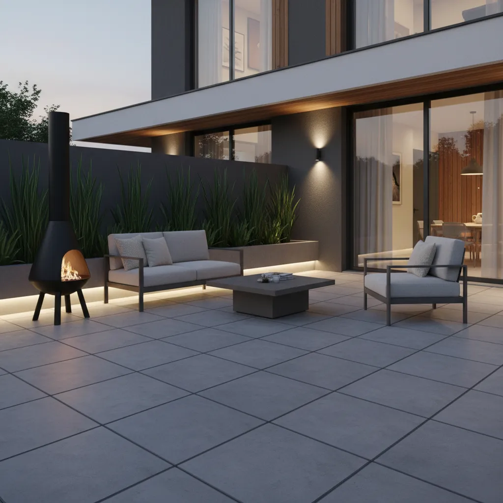 modern minimalist patio with metal chiminea and clean furniture layout