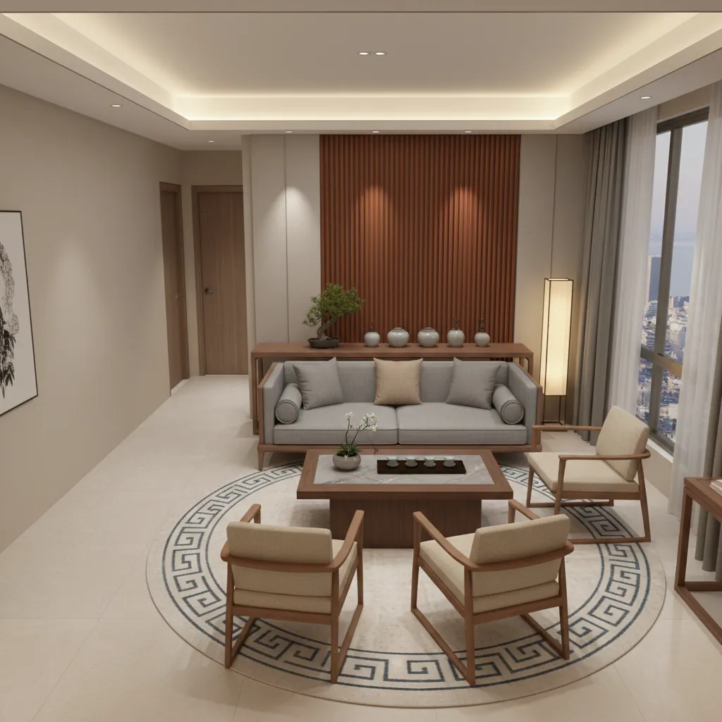 Small apartment living room layout inspired by Chinese interior balance