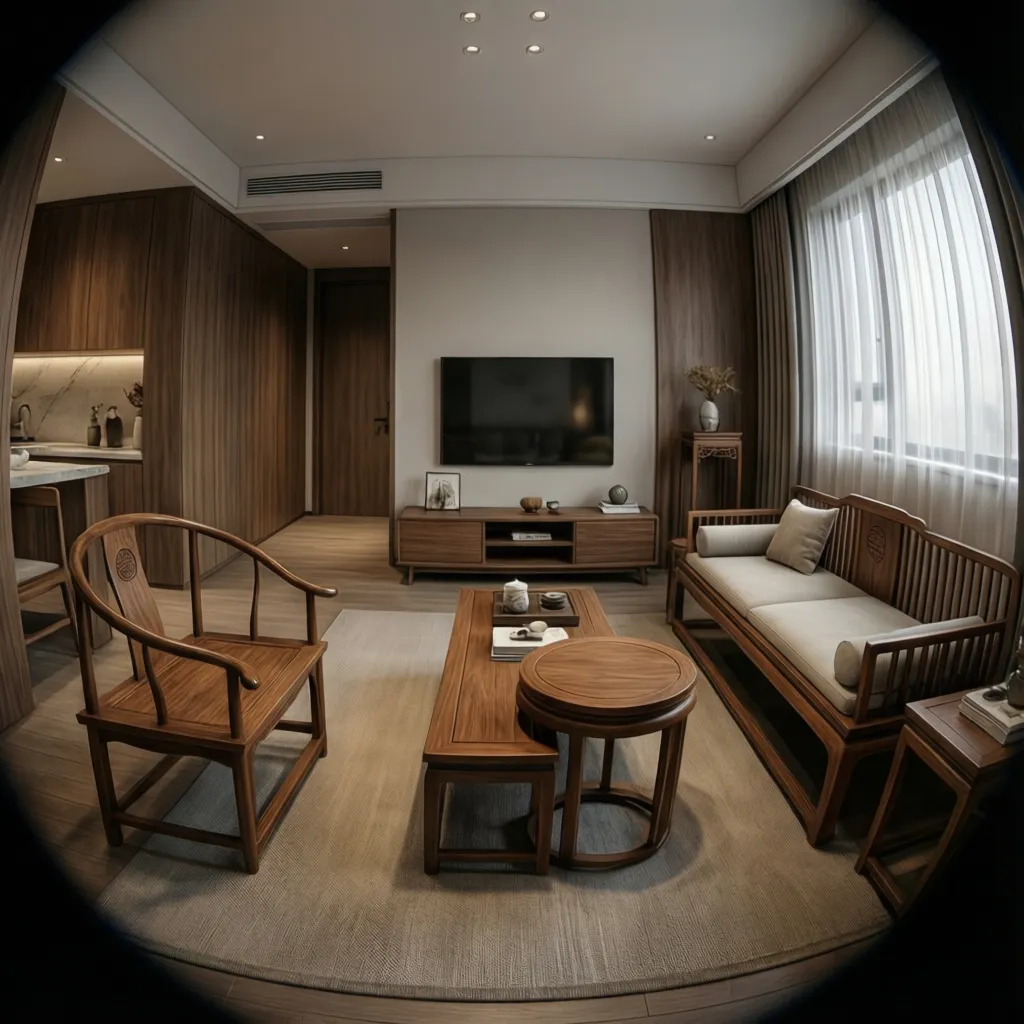 Modern Chinese low profile furniture layout in a small living room
