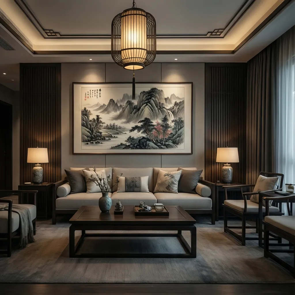 Modern Chinese living room wall art and lantern lighting