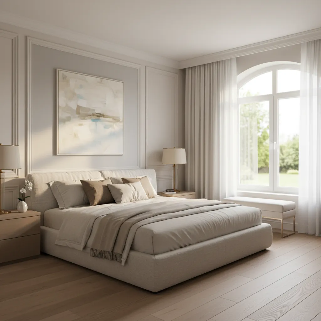 modern classic bedroom with elegant wall molding neutral colors and contemporary furniture