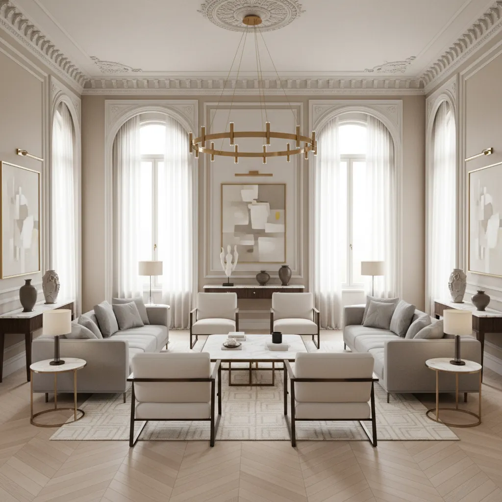 modern classic interior layout showing symmetry furniture placement and architectural paneling