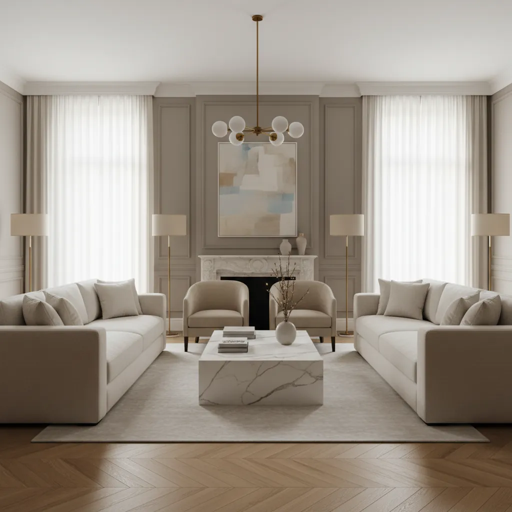 modern classic living room with symmetrical layout neutral colors and wall paneling