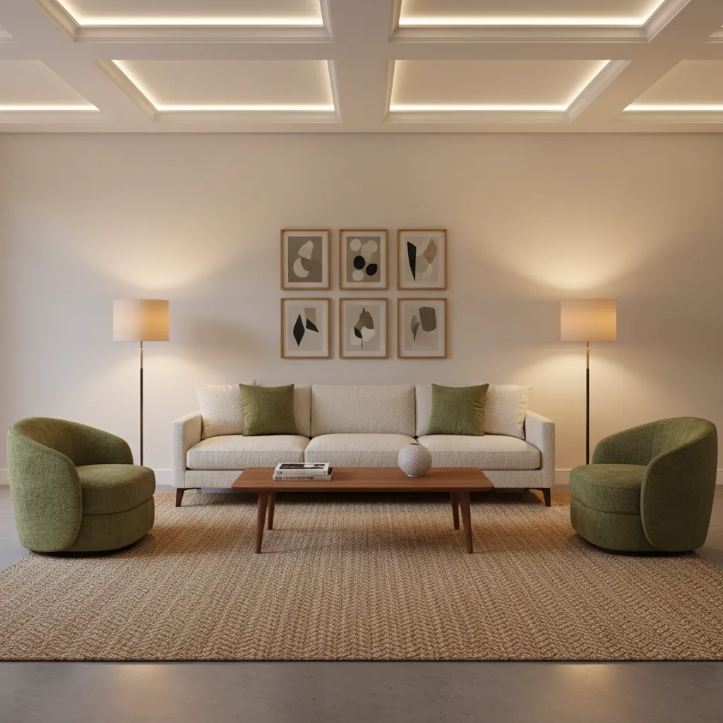 modern living room mixing classic sofa with contemporary chairs and textured fabrics